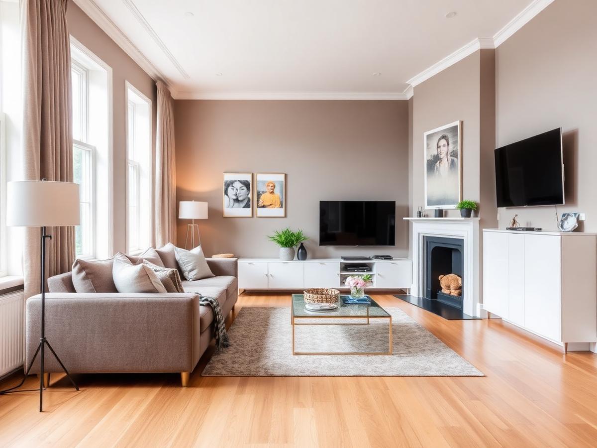 Professional cleaner tidying a bright London living room