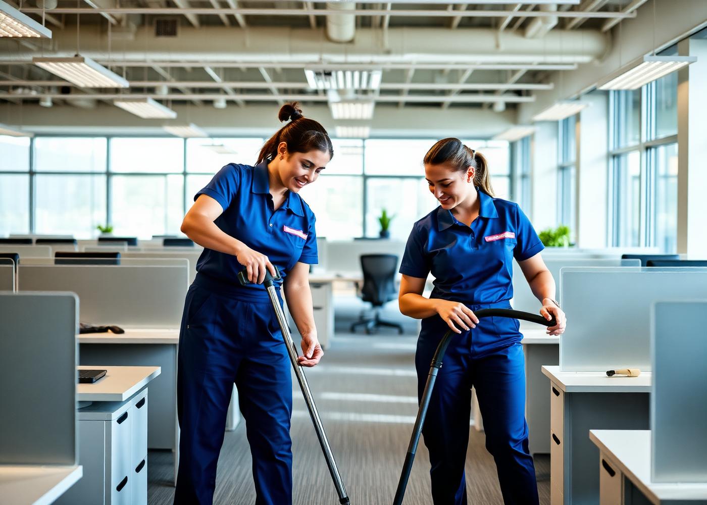 Cleaning team servicing a modern open-plan office